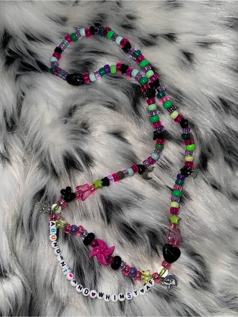 abundant & whimsy AF pink green rave kandi necklace